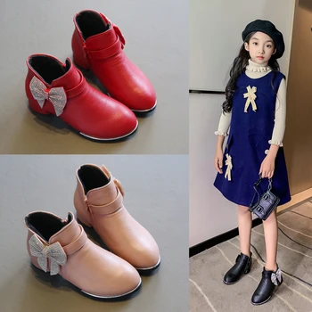 

Girls Princess Boots Winter Children Sweet Bowknot Warm Shoe Flats Fashion Quality Leather Snow Boots Kid Warm Plush Ankle Boots
