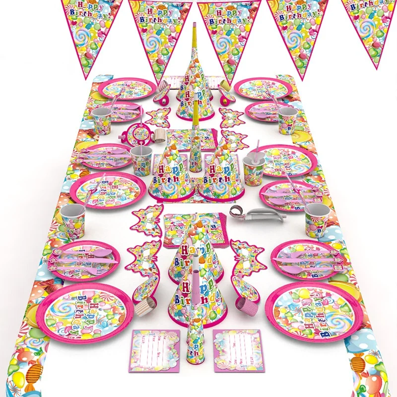 

Candy Party Tableware Paper Plate Cup Napkins Tablecloth Banner Happy Birthday Event Party Supplies for Girls