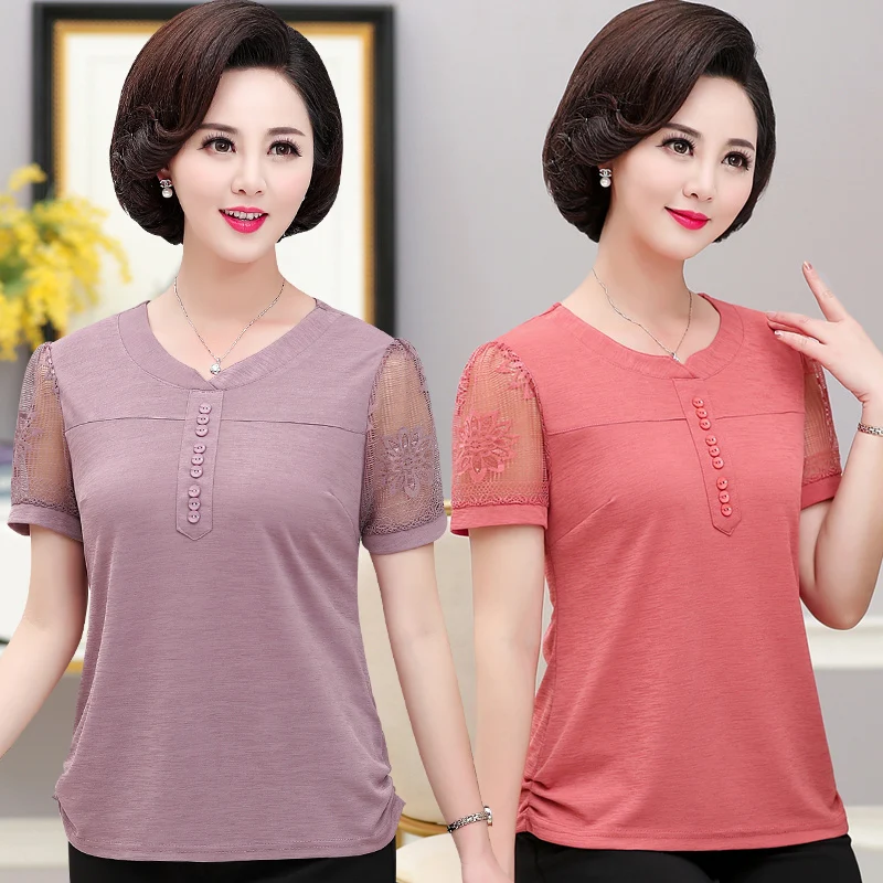 

2019 Middle-aged women's plus size mothers'clothes t-shirts shirts lady lace short-sleeved summer pullover tops dress