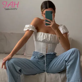 

IAMHOTTY Slash Neck Sexy Bandage Tops Women Short Puff Sleeve White Solid Tshirt Ladies Korean Vintage Summer Femme T-shirts