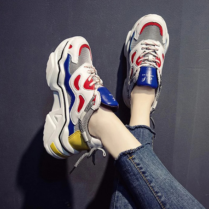 Women Platform Chunky Sneakers 5cm high lace-up Casual Vulcanize Shoes luxury Designer Old Dad female fashion Sneakers - Цвет: Синий
