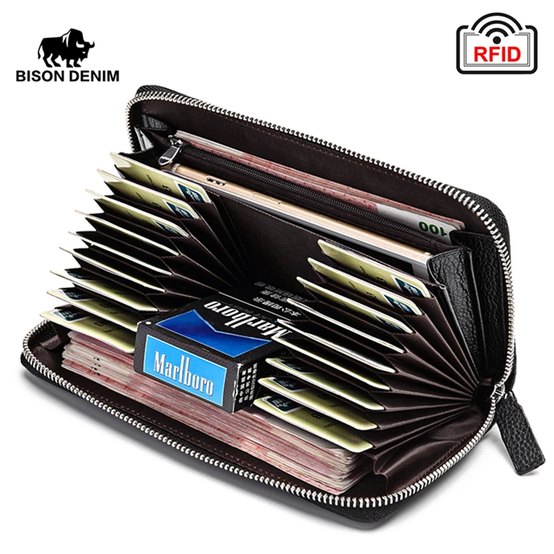 BISON DENIM 100% Cow Leather Clutch Wallets for Men RFID Blocking Card Holder Wallet Coin Purse Long Phone Wallet W8226|Wallets| - AliExpress