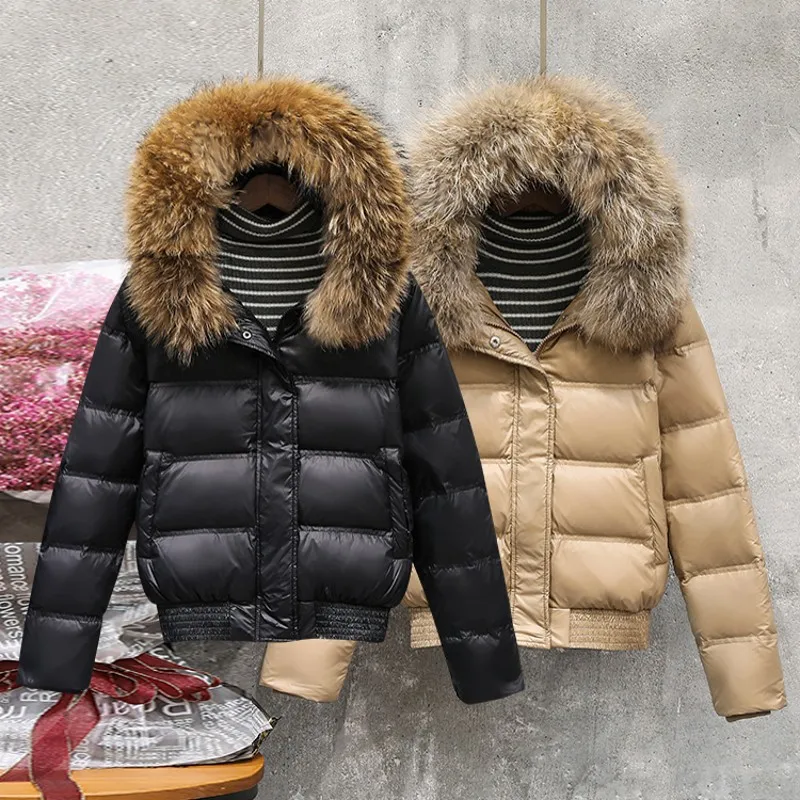 С натуральным мехом зимняя куртка для Для женщин парки с капюшоном теплый воротник из натурального меха Короткое пальто, пуховик с утиным пухом, зимняя пальто Женская куртка