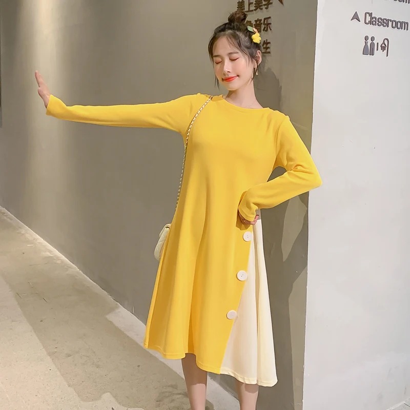 Yellow Maternity Dress Loose Stylish Long Sleeves Dress for Pregnant Women Mom Dress 3128~D~45~836 - Цвет: Yellow
