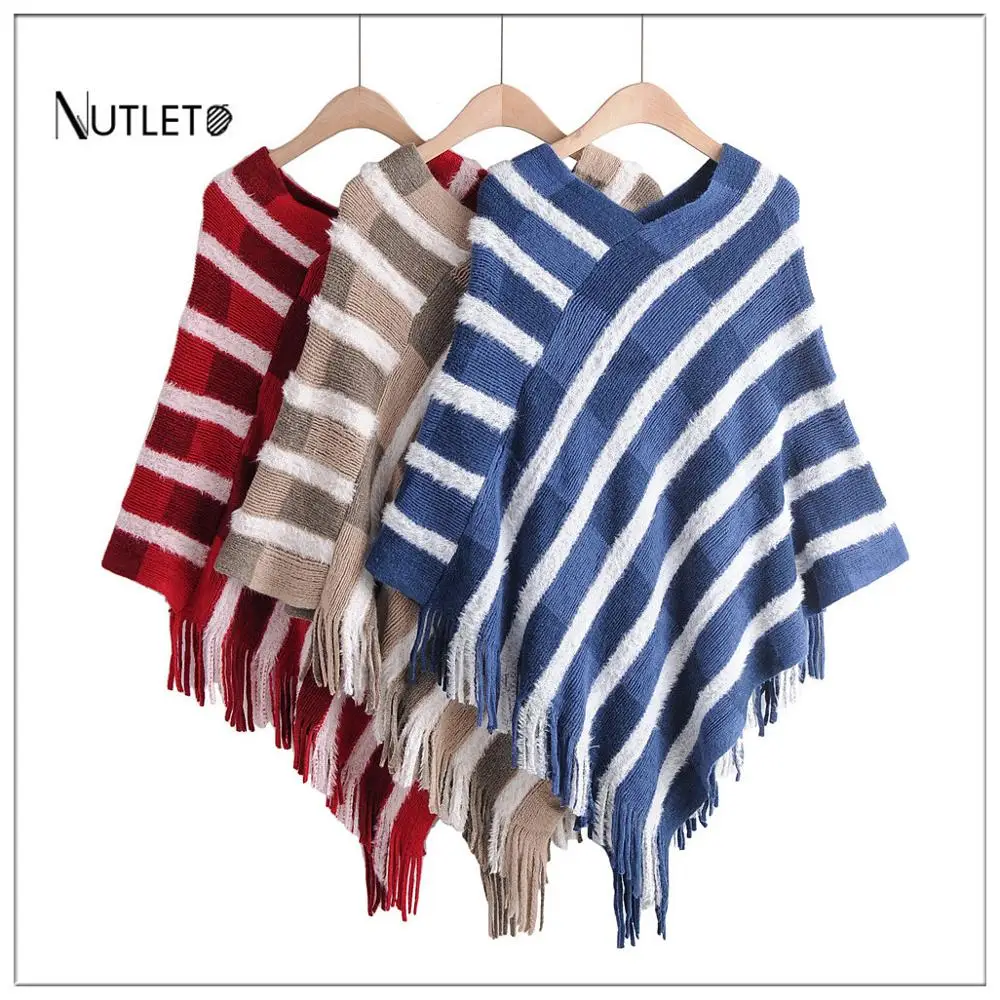 

2019 summer and autumn women's new tassel striped shawl cloak to work casual party tops