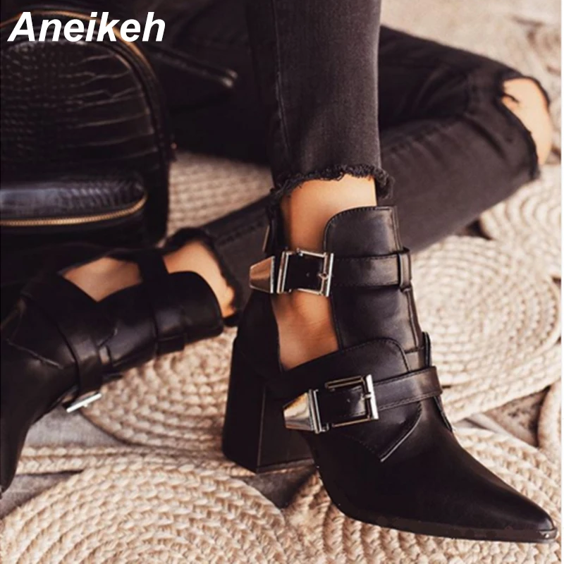 

Aneikeh 2019 NEW Sexy Spring/Autumn PU Metal Decoration Chelsea Ankle Boots Pointed Toe Buckle Women's Boots Square Heel Party