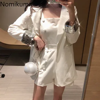 

Nomikuma Elegant Blazer 2 Piece Set Women Sequined Solid Color Suit Double Breasted Fashion Playsuit Korean New Outfits 3a791