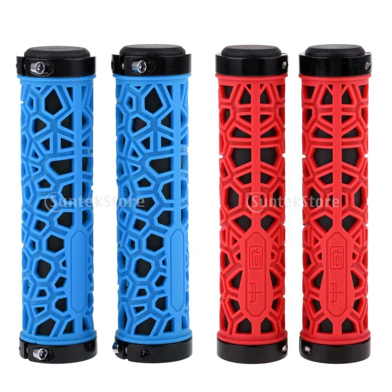 Double Lock-on Bicycle Handlebar Grips TRR Rubber Cycling Parts for MTB BMX Mountain City and Folding Bike Red and Blue