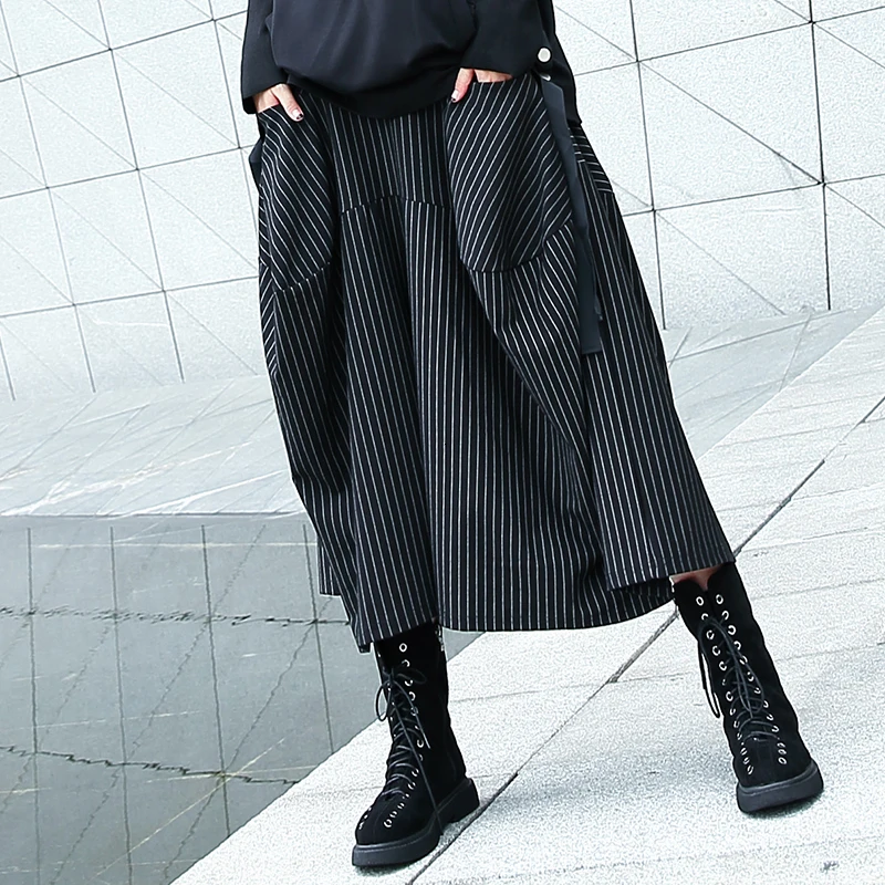 [EAM] Новинка Осень Зима высокая эластичная талия черный полосатый большой карман строчка широкие брюки женские брюки Мода JH787
