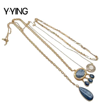 

Y·YING natural Blue Kyanite White Shell Pendant necklace Gold color Plated Chain statement Necklace 16"-25" trendy for women