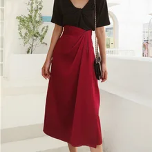 MEVGOHOT Осенняя плиссированная Офисная женская шифоновая юбка элегантная тонкая высокая талия драпированная Женская юбка средней длины красная HD3325