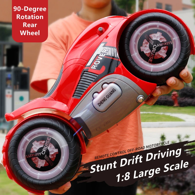 1:8 Big Size Remote Control Stunt Driving Motorcycle 90°Rotation Rear Wheel Colorful Light Anti-collision Electric RC Motorcycle 2