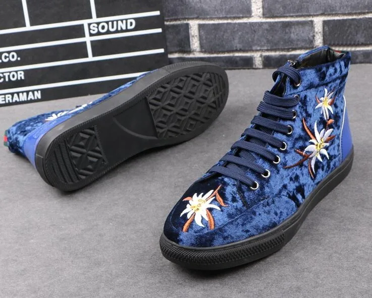 New Men Fashion Casual Ankle Boots Spring Autumn Embroidery High Top Leisure Sneakers Male velvet Trending Shoes - Цвет: Синий