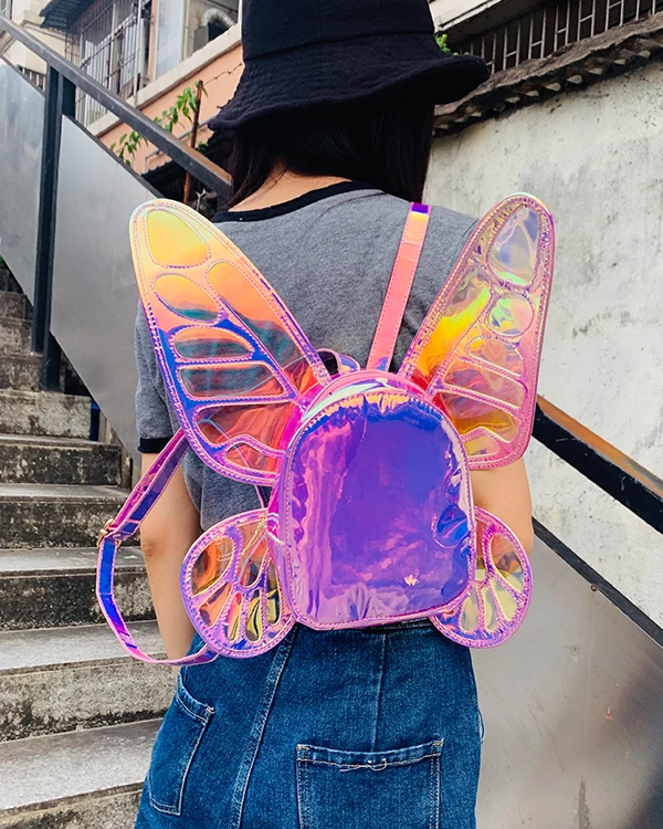 Cute Women's Laser Small Backpack Butterfly Angel Wings Daypack for Girls Travel Casual Daypack School Bag Holographic Leather fashionable travel backpacks