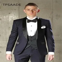 2021 New Design Slim Shawl Lapel Navy Blue Men's Suit Prom Dress Groom Wedding 3- Piece Set (Coat + Pants + Vest + Bow Tie)