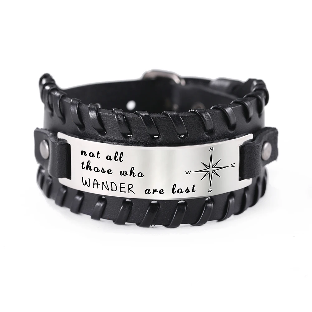 punk bracelet black My shape Нержавеющая сталь панк мужские ювелирные изделия выгравированы не все те, кто кочутся теряются текст мужской браслет из натуральной кожи - Metal Color: punk bracelet black