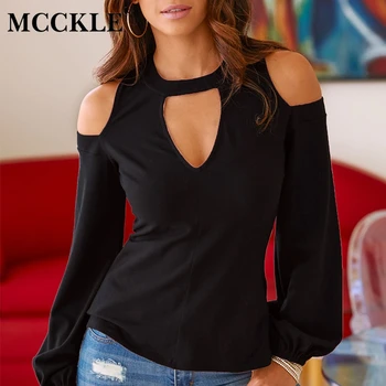 

Women's Cold Shoulder V-Neck Blouse Long Sleeve Hollow Out Ladies Blouses 2020 Spring Summer Solid Sexy Fashion Tops Female Blue