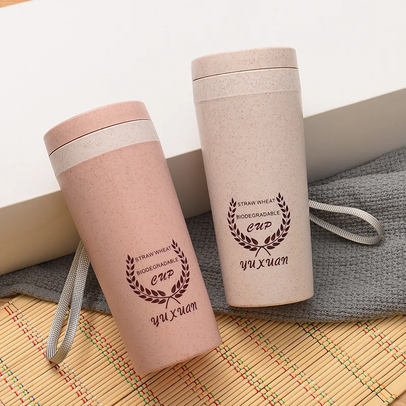 

Wheat-Straw-Fiber Double Layer Cup Water Bottle with Rope Lid Coffee Cup Outdoor Portable Drink Bottle Waterbottle Drinkware