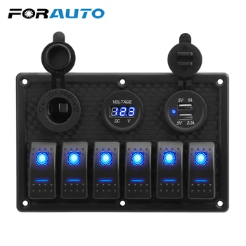 

5/6 Gang Rocker Switch Panel With Fuse 4.2A Dual USB Slot Socket Digital Voltage Display for Marine Boat Car Truck Waterproof