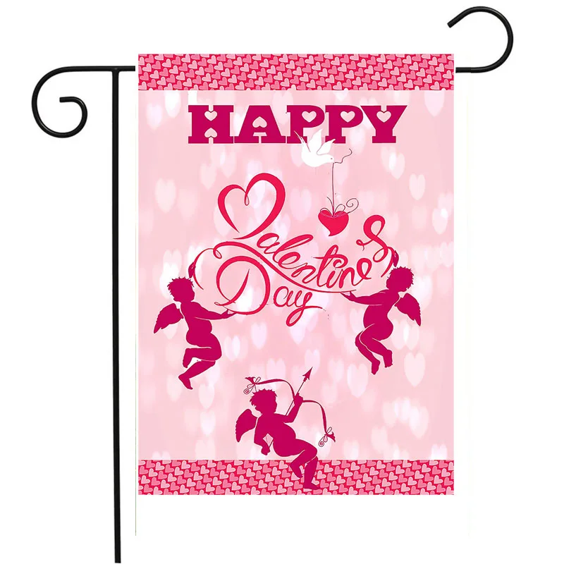 Valentine Cute Cupid Angels Dove Garden Yard Flag Banner House Home Decor 12 x 18 inch, Heart On Pink Love Small Mini Decorative