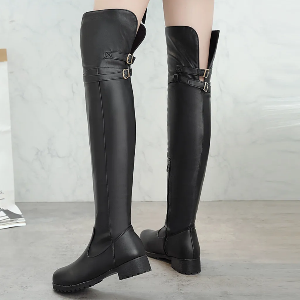 Модные однотонные ботинки с высоким голенищем; ботинки на молнии с круглым носком и пряжкой на ремешке; винтажные однотонные женские ботинки из кожи на квадратном каблуке