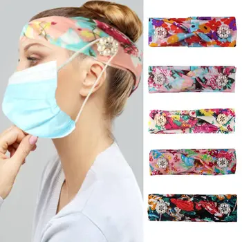 

Girls Knot Headband Yoga Turban Headwrap Women Wide Bow Knot Cross Headband with Button Mask Holder Printing Hair Bands