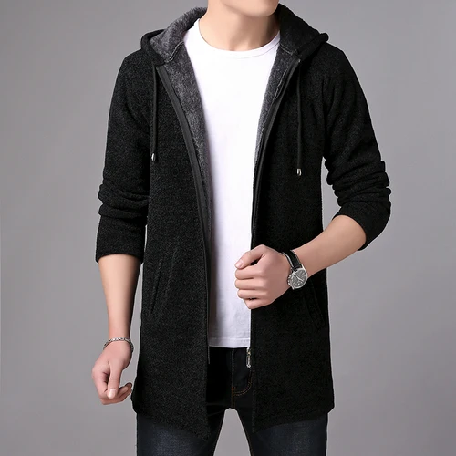 black winter new plus velvet sweater men's jacket sweater hooded trench long hooded fleece sweatercoat - Цвет: black