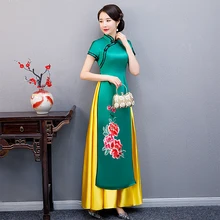 Классические новинки, aodai, изящное Цветочное платье для женщин, классическое, короткий рукав, длинный халат, cheongsam, вечерние, qipao, народный шифон