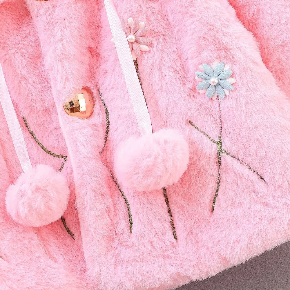 Новинка; зимнее меховое теплое пальто для маленьких девочек; Одежда для новорожденных на свадьбу; детская одежда с цветочным рисунком; розовое детское пальто-накидка