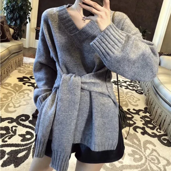 RUGOD Korean New Style Chic V-neck Solid Color Pullover Elegant Belted Sweater Ladies Winter Tops For Women Fashion - Цвет: Серый