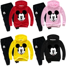 Костюм для мальчиков с Микки Маусом комплекты одежды для девочек весенне-Осенняя детская одежда рубашка с капюшоном+ штаны спортивный костюм из 2 предметов детская одежда спортивный костюм