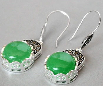 

Fashion 925 Sterling Silver Natural Green Natural jade Marcasite Earrings 14/5"