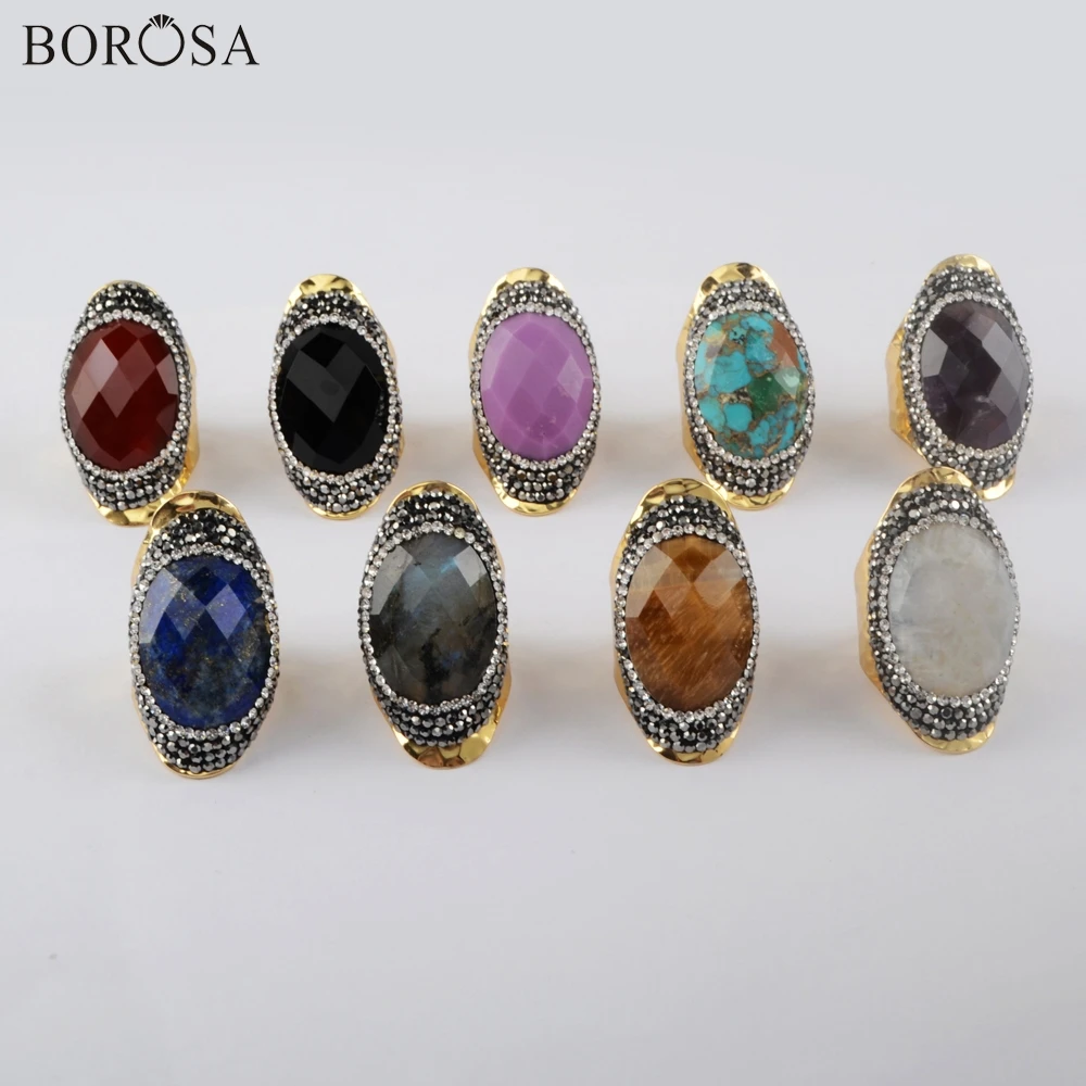

BOROSA 5Pcs Fashion Multi-Kind Natural Stones Gold Ring Turquoises Crystal Rings Adjustable Rhinestone Ring for Women JAB981-1