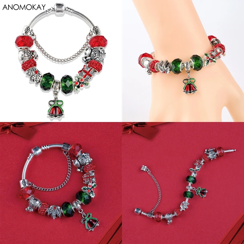 European& American Trendy Christmas Apple Charm Bracelet& Bangle Red Flower Crystal Diy Bead Bracelet Jewelry for Women