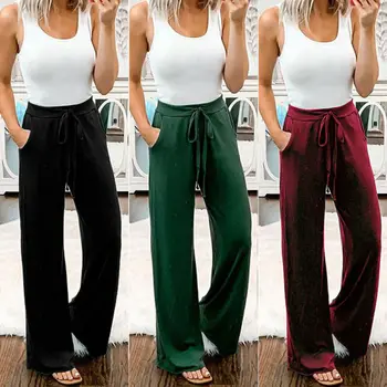 

Womens Lady Solid Red Loose Casual Killer Legs Summer Milk Silk Straight Trousers Pants Holiday Casual Loose Pants 3 Colors