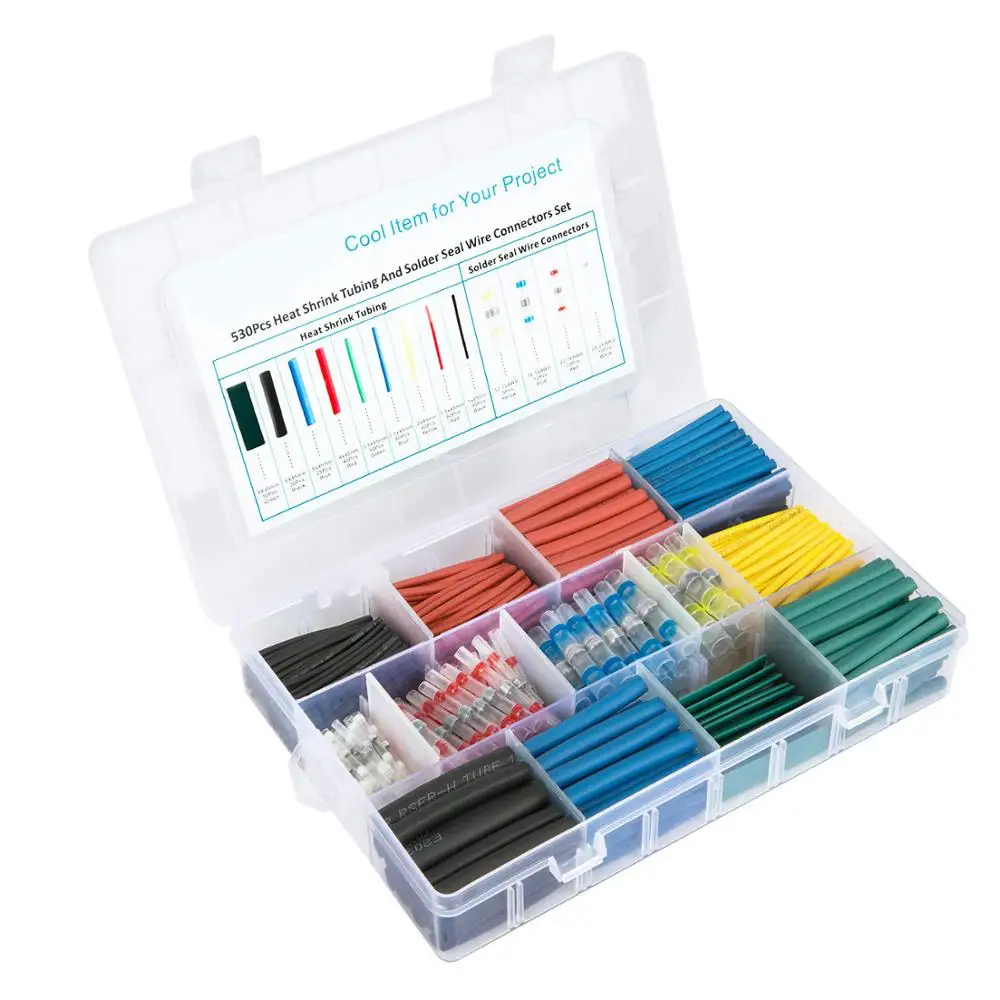 

530PCS Solder Seal Wire Connectors & Heat Shrink Tubings Insulated Waterproof Electrical Butt Terminals & Shrink Tubes with Case