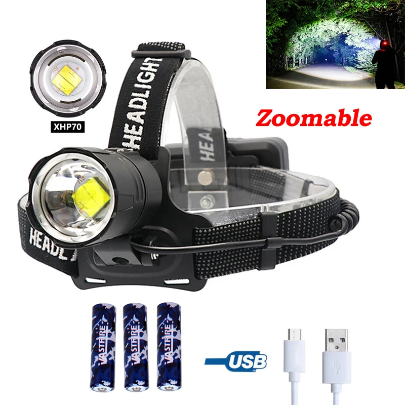 

1800LM XHP70 Led Zoomable Headlight Powerful White Head Lamp Torch USB Rechargeable Hunting Camping Lantern Powerbank+3*18650