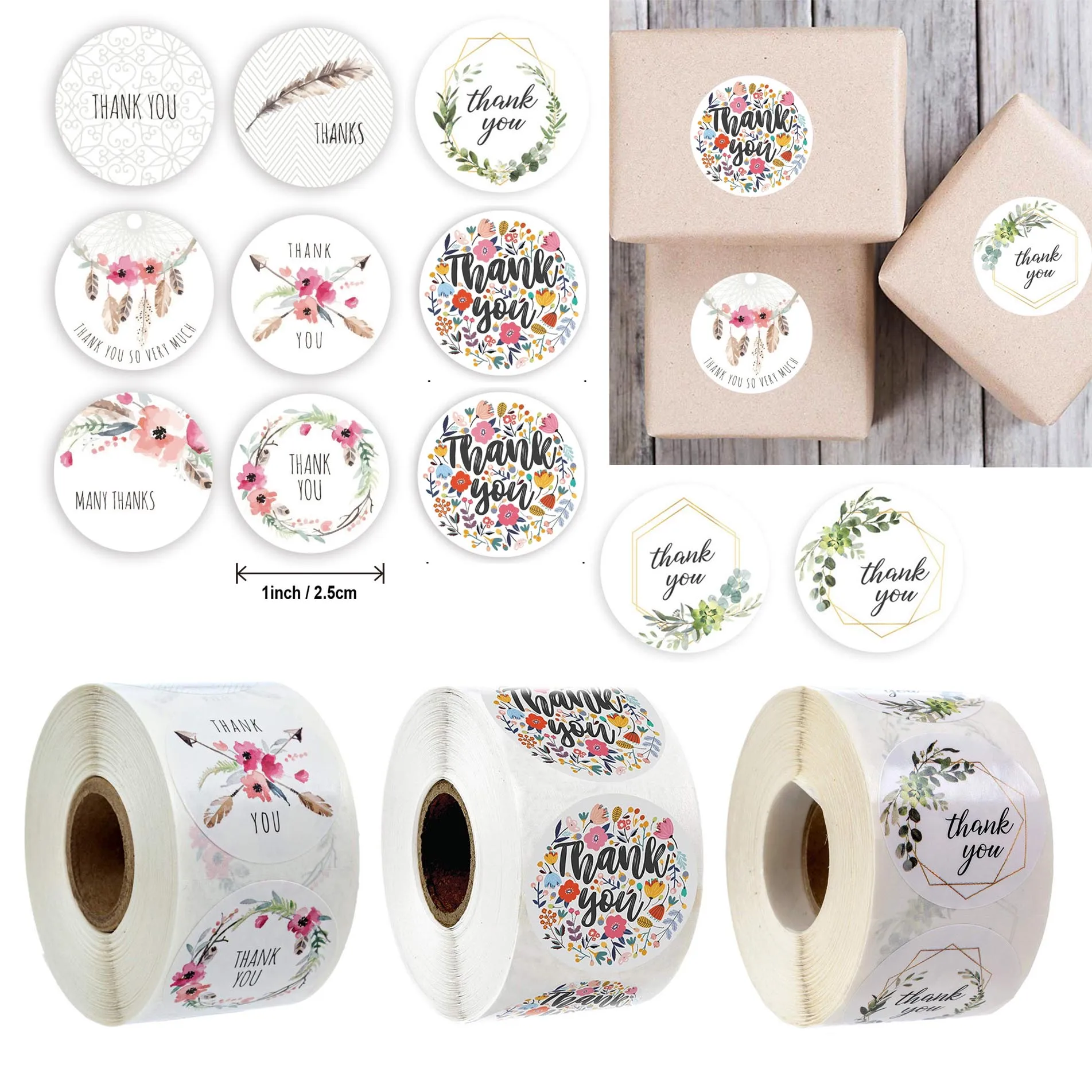 

500pcs Round Floral Thank You Stickers 1inch for Student Scrapbooking DIY Decoration Stationery Sticker