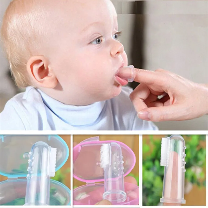 Compra Cepillo de dientes de silicona para dedos de bebé + caja, cepillo de dientes de silicona suave transparente para niños, cepillo de limpieza de goma para bebés KynrXO5p