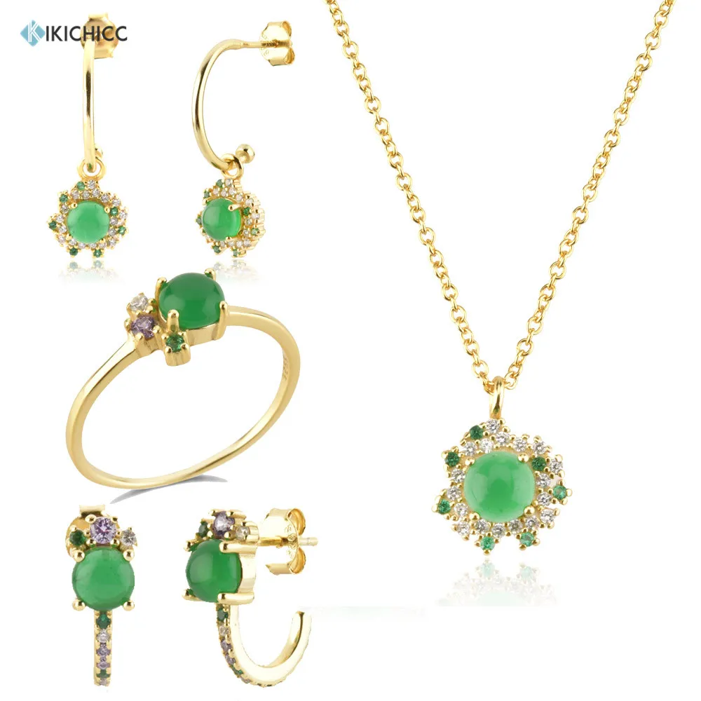 Kikichicc 925 Sterling Silver Gold Lofoten Island Green Rainbow Hoops Orecchini Piercing Drop Pendiente Collana Set Di Gioielli