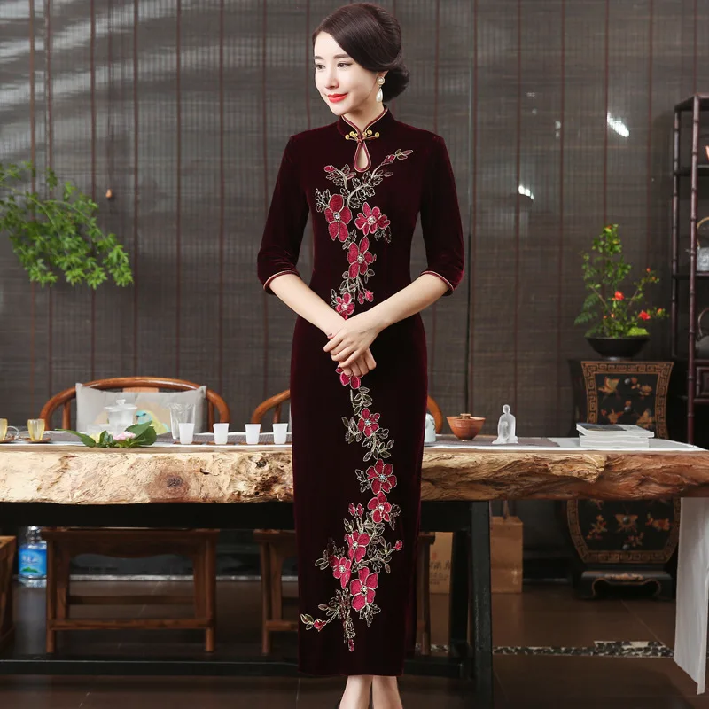 Сексуальная Вышивка цветок Vestidos женское Восточное китайское платье Qipao Чонсам с коротким рукавом добавить горный хрусталь Новинка