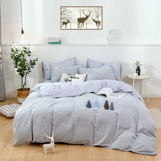3 Washed Cotton Brief Style 4pcs Embroidery Cotton Duvet Cover Pillowcase Bed Sheet 4 Pieces Soft Home Bedding Set Blue Stars - Цвет: 3