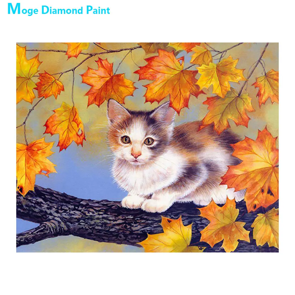 

cat on the tree animal Diamond Painting Cross Stitch Full Round New DIY 5D home decorative maple leaf autumn Mosaic Embroidery