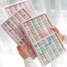 Ruban adhésif décoratif Washi Kawaii en papier, 100 pièces/boîte, bande adhésive de masquage de fleurs Kawaii, papeterie pour Scrapbooking et cadeaux pour journal intime, DIY bricolage