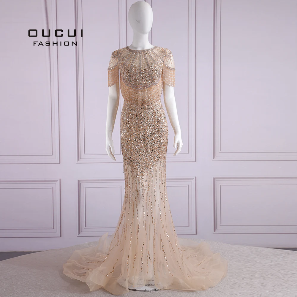 Oucui Elegant O-neck Gold Long Mermaid Evening Dress 2020 Crystals Beaded Cap Sleeve Robe de Soiree Party Gown OL103714 | Свадьбы и