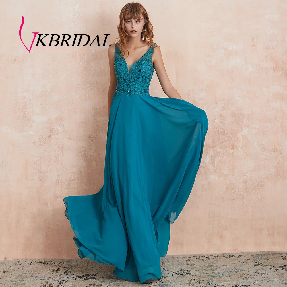 VKbridal Tank Top Lace Prom Gowns Long Deep V Neck Chiffon Bridesmaid Dresses Plus Size