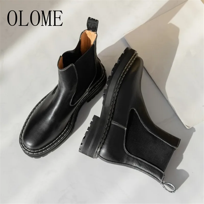 OLOME; Новинка; модные черные женские ботильоны из натуральной кожи; женские осенне-зимние ботинки с круглым носком без застежки на толстом среднем каблуке - Цвет: warm inside