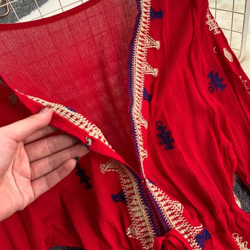 Ethnic Women Boho Beach Dress Long Sleeve V Neck Embroidery Flower High Waist Red Long Holiday Dress