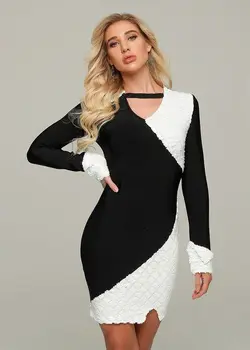

Top Quality Long SLeeve Dresses Black And White Bodycon Sexy Dress Fashion Night CLub Celebrity Party Dress Vestidos