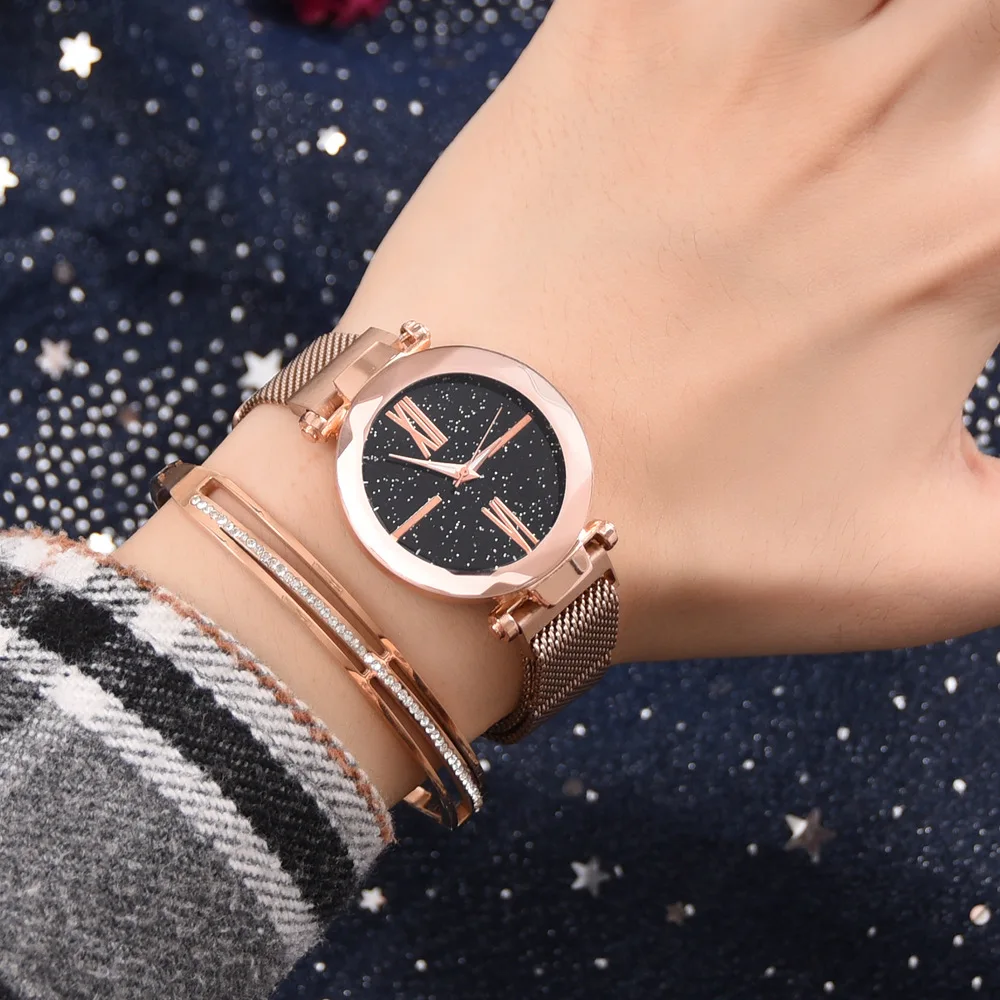 Роскошные простые женские часы браслет набор Модные женские звездное небо магнитные наручные часы женские водонепроницаемые часы relogio feminino